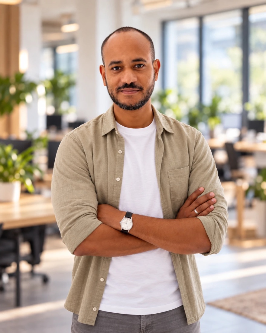 Florian Ardérighi, fondateur de Track Record, bras croisés dans un open space.
